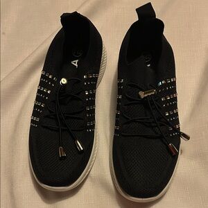 Women's Black Knit Slip-On Sneakers with Crystal Accents